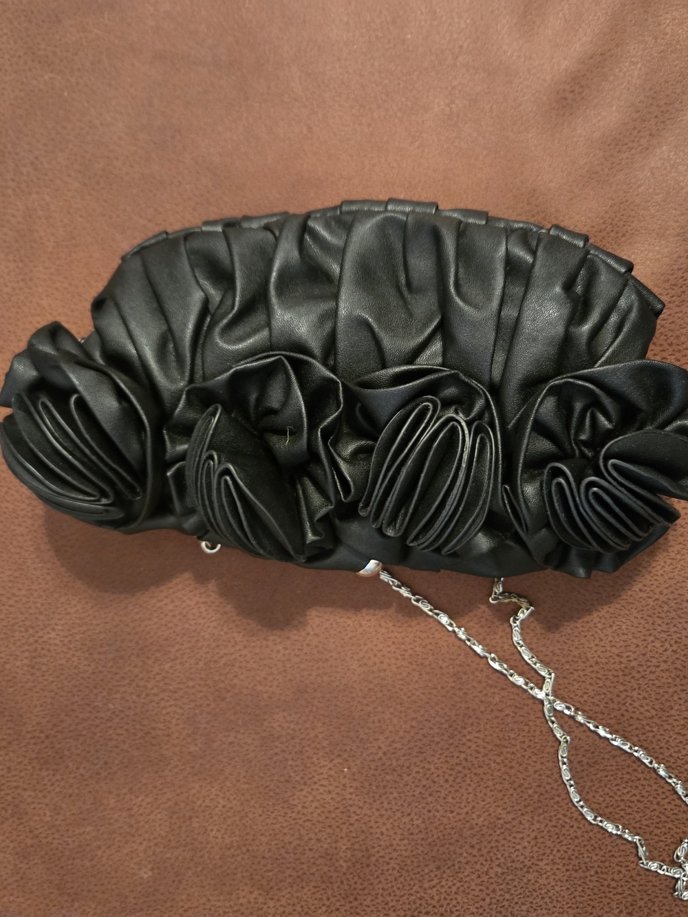 Candice LA Black Ruffled Rosette Evening Clutch Bag